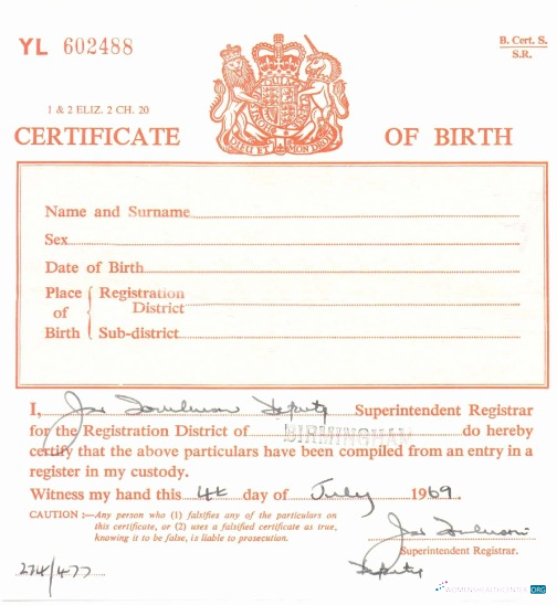 Download United States Registration District of Birmingham birth certificate Photoshop template